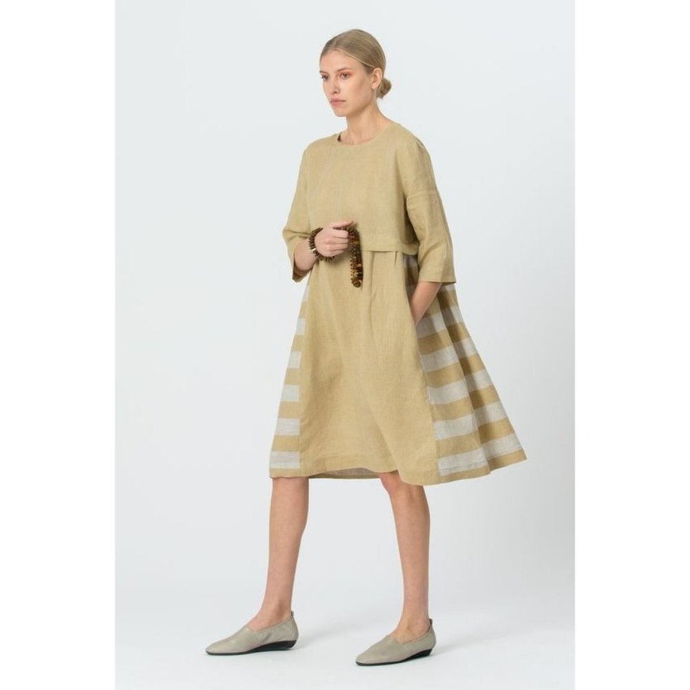 Linen Jurate Mona striped dress with pockets Gold size Large NEW
